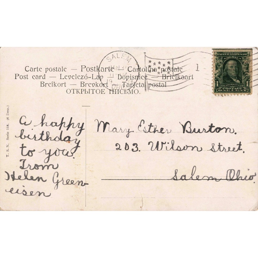 Vtg Postcard Mary Golay Birthday Greetings Yellow Roses Red Vase Salem OH 1909 - Picture 2 of 2